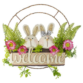 19" Pink and Green 19" Easter Bunny Couple Floral Spring "Welcome" Wreath