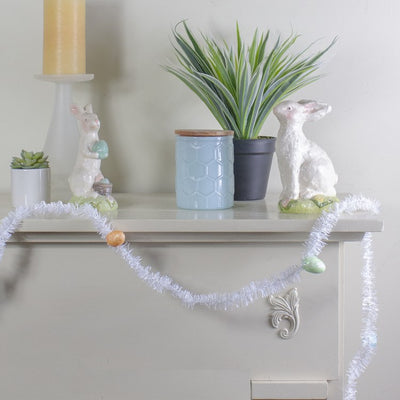 25' Unlit White Spring Tinsel Garland with Easter Eggs