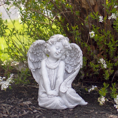 8.75" Gray Sitting Angel with Wings Outdoor Garden Statue