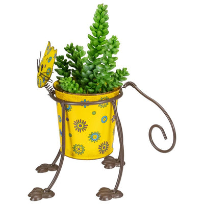 9" Yellow Floral Metal Cat Garden Planter