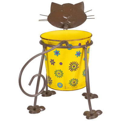9" Yellow Floral Metal Cat Garden Planter