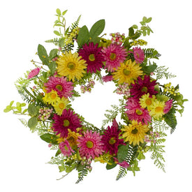 23" Pink and Yellow Chrysanthemum and Daisy Floral Spring Wreath