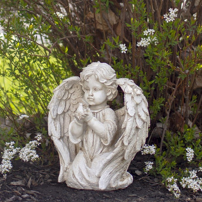 9.75" Ivory Angel Boy Kneeling with Dove Outdoor Garden Statue
