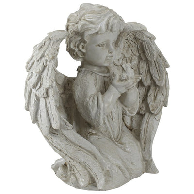 9.75" Ivory Angel Boy Kneeling with Dove Outdoor Garden Statue