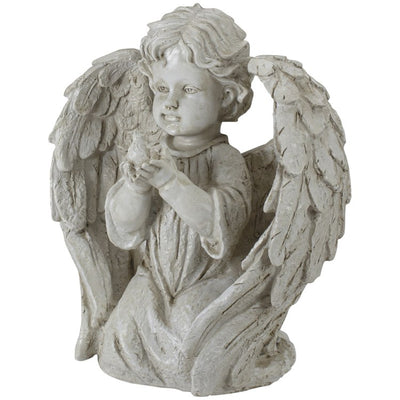 9.75" Ivory Angel Boy Kneeling with Dove Outdoor Garden Statue