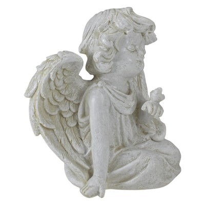 6" Ivory Sitting Angel with Bird Outdoor Garden Statue