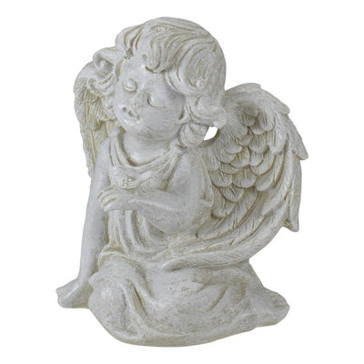 6" Ivory Sitting Angel with Bird Outdoor Garden Statue
