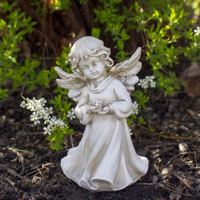 6.5" Angel Girl Holding Flower Outdoor Garden Statue