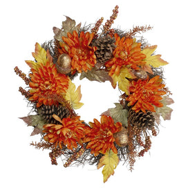 22" Unlit Mums and Acorns Artificial Floral Twig Wreath