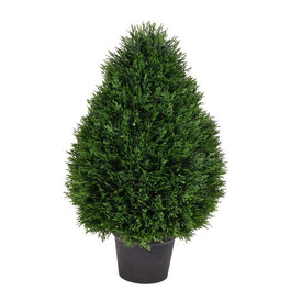 24" Artificial UV-Resistant Teardrop-Shaped Cedar Bush in Plastic Pot
