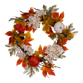 Vickerman Artificial 22" Orange Fall Pumpkin Hydrangea Wreath, Circular grapevine base.