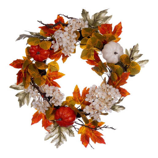 Vickerman Artificial 22" Orange Fall Pumpkin Hydrangea Wreath, Circular grapevine base.