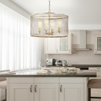 Pen Four-Light LED Mesh Drum Pendant - Antique Gold