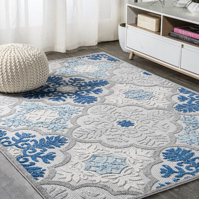 Cassis Ornate Ogee Trellis High-Low 91"L x 63"W Indoor/Outdoor Area Rug - Light Gray/Blue
