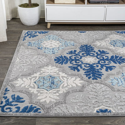 Cassis Ornate Ogee Trellis High-Low 120"L x 93"W Indoor/Outdoor Area Rug - Light Gray/Blue