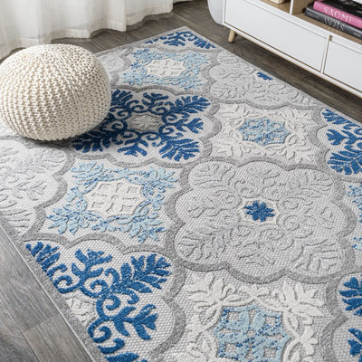 Cassis Ornate Ogee Trellis High-Low 120"L x 93"W Indoor/Outdoor Area Rug - Light Gray/Blue