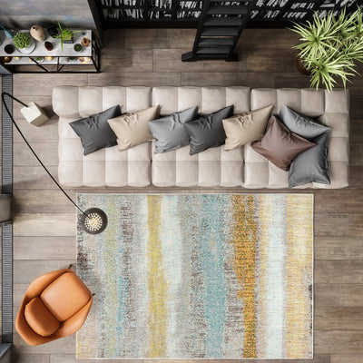 Contemporary POP Modern Abstract Vintage 120"L x 93"W Area Rug - Cream/Yellow