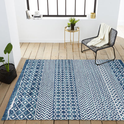 Arta Moroccan Vintage Geometric 120"L x 93"W Area Rug - Navy/Cream