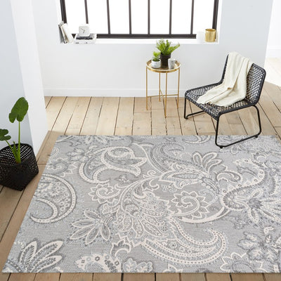 Gordes Paisley High-Low 120"L x 93"W Indoor/Outdoor Area Rug - Light Gray/Ivory