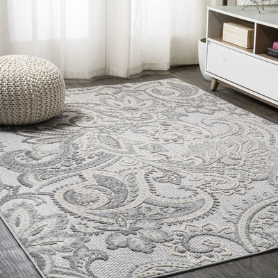 Gordes Paisley High-Low 120"L x 93"W Indoor/Outdoor Area Rug - Light Gray/Ivory