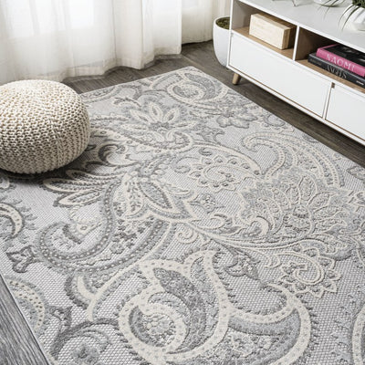 Gordes Paisley High-Low 120"L x 93"W Indoor/Outdoor Area Rug - Light Gray/Ivory