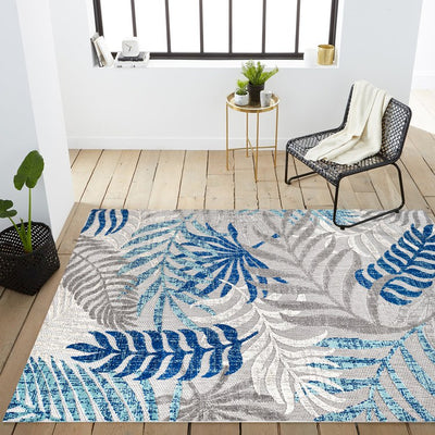 Tropics Palm Leaves 90"L x 63"W Indoor/Outdoor Area Rug - Gray/Blue