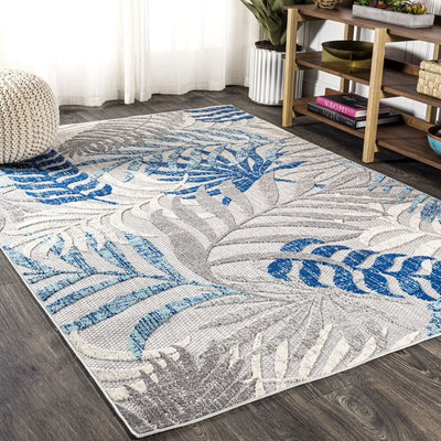 Tropics Palm Leaves 90"L x 63"W Indoor/Outdoor Area Rug - Gray/Blue