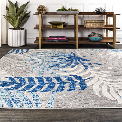 Tropics Palm Leaves 90"L x 63"W Indoor/Outdoor Area Rug - Gray/Blue