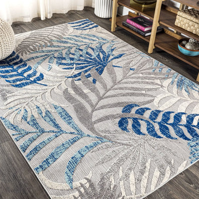Tropics Palm Leaves 90"L x 63"W Indoor/Outdoor Area Rug - Gray/Blue