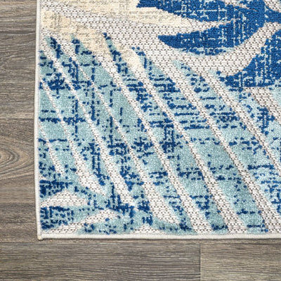 Tropics Palm Leaves 90"L x 63"W Indoor/Outdoor Area Rug - Gray/Blue