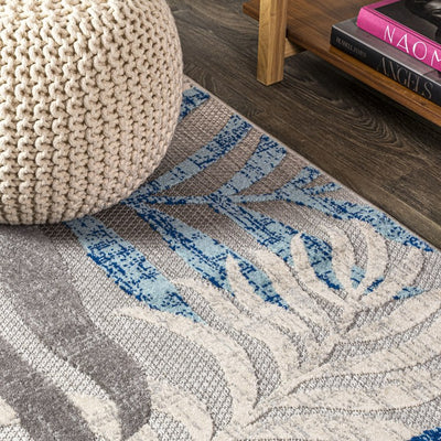 Tropics Palm Leaves 90"L x 63"W Indoor/Outdoor Area Rug - Gray/Blue