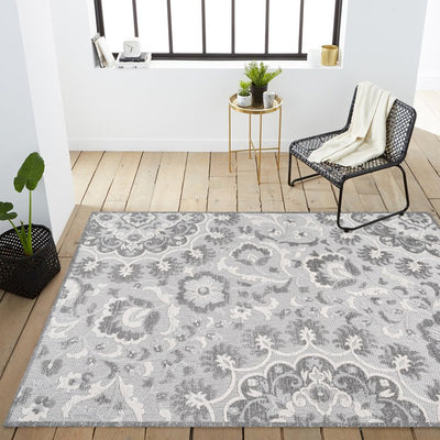 Lucena Modern Medallion High-Low 72"L x 48"W Indoor/Outdoor Area Rug - Light Gray/Ivory