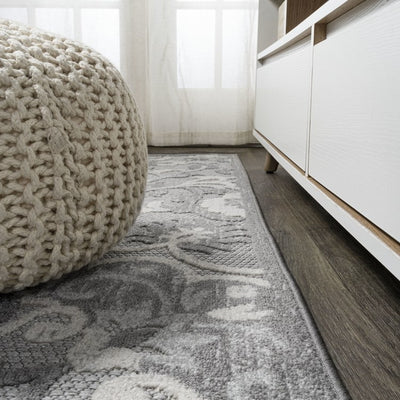Lucena Modern Medallion High-Low 91"L x 63"W Indoor/Outdoor Area Rug - Light Gray/Ivory
