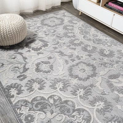 Lucena Modern Medallion High-Low 91"L x 63"W Indoor/Outdoor Area Rug - Light Gray/Ivory