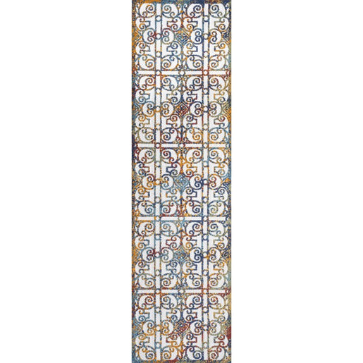 Cetara Ornate Trellis 96"L x 27"W Indoor/Outdoor Runner Rug - Cream/Blue/Orange