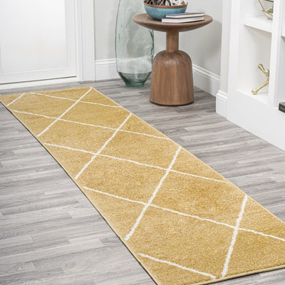 Cole Minimalist Diamond Trellis 120"L x 24"W Runner Rug - Gold/White