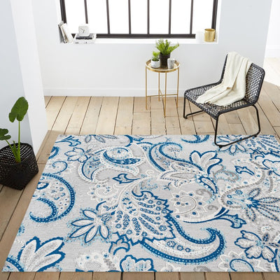 Gordes Paisley High-Low 72"L x 48"W Indoor/Outdoor Area Rug - Light Gray/Blue