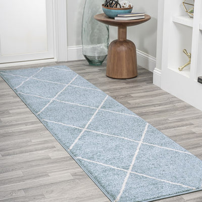 Cole Minimalist Diamond Trellis 96"L x 24"W Runner Rug - Light Blue/White