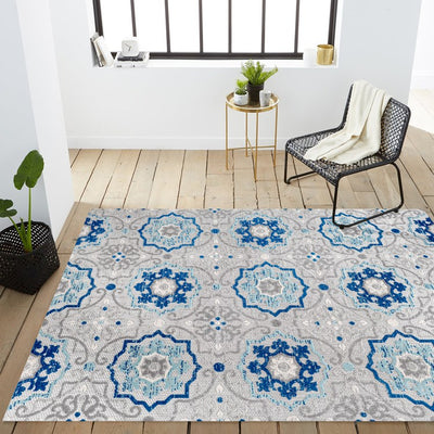 Mediterranean Medallion 90"L x 63"W Indoor/Outdoor Area Rug - Blue/Gray