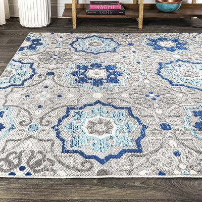 Mediterranean Medallion 90"L x 63"W Indoor/Outdoor Area Rug - Blue/Gray