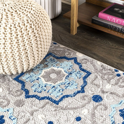 Mediterranean Medallion 90"L x 63"W Indoor/Outdoor Area Rug - Blue/Gray