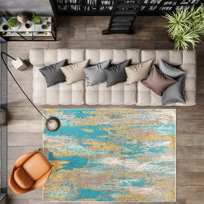 Contemporary POP Modern Abstract Vintage 108"L x 79"W Area Rug - Cream/Blue