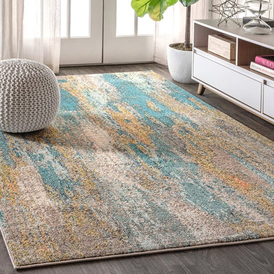 Contemporary POP Modern Abstract Vintage 108"L x 79"W Area Rug - Cream/Blue