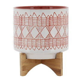 10" Aztec Ceramic Planter on Wooden Stand - Orange