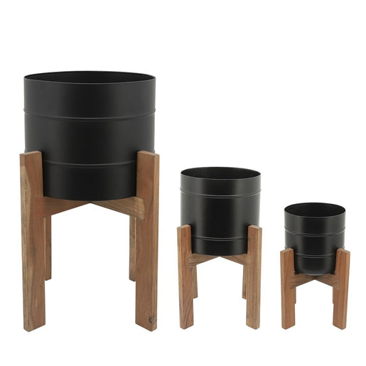11"/14"/16" Metal Planters with Wooden Stands Set of 3 - Black/Brown