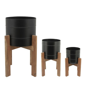 11"/14"/16" Metal Planters with Wooden Stands Set of 3 - Black/Brown