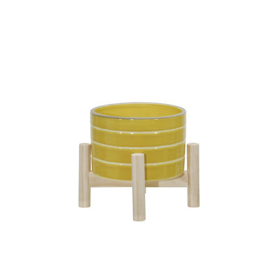6" Striped Ceramic Planter with Wood Stand - Yellow