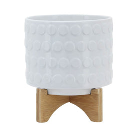 8" Spotted Ceramic Planter on Wooden Stand - White