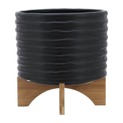 8" Textured Ceramic Planter with Wood Stand - Black
