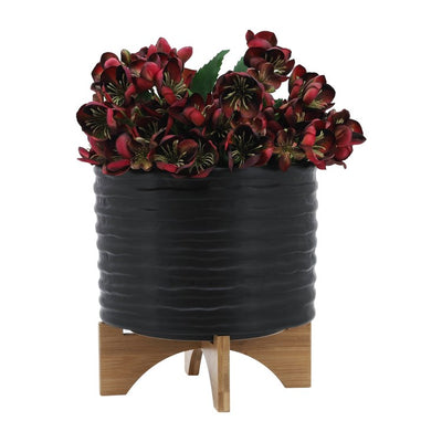 8" Textured Ceramic Planter with Wood Stand - Black